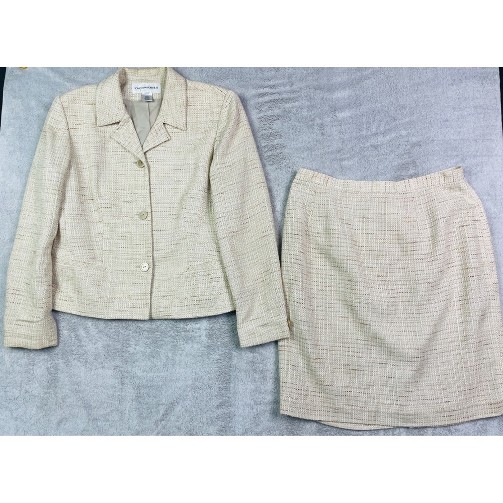 Jones New York Suit Set Women's Cream Tweed Blazer Jacket Pencil Skirt 2-Piece